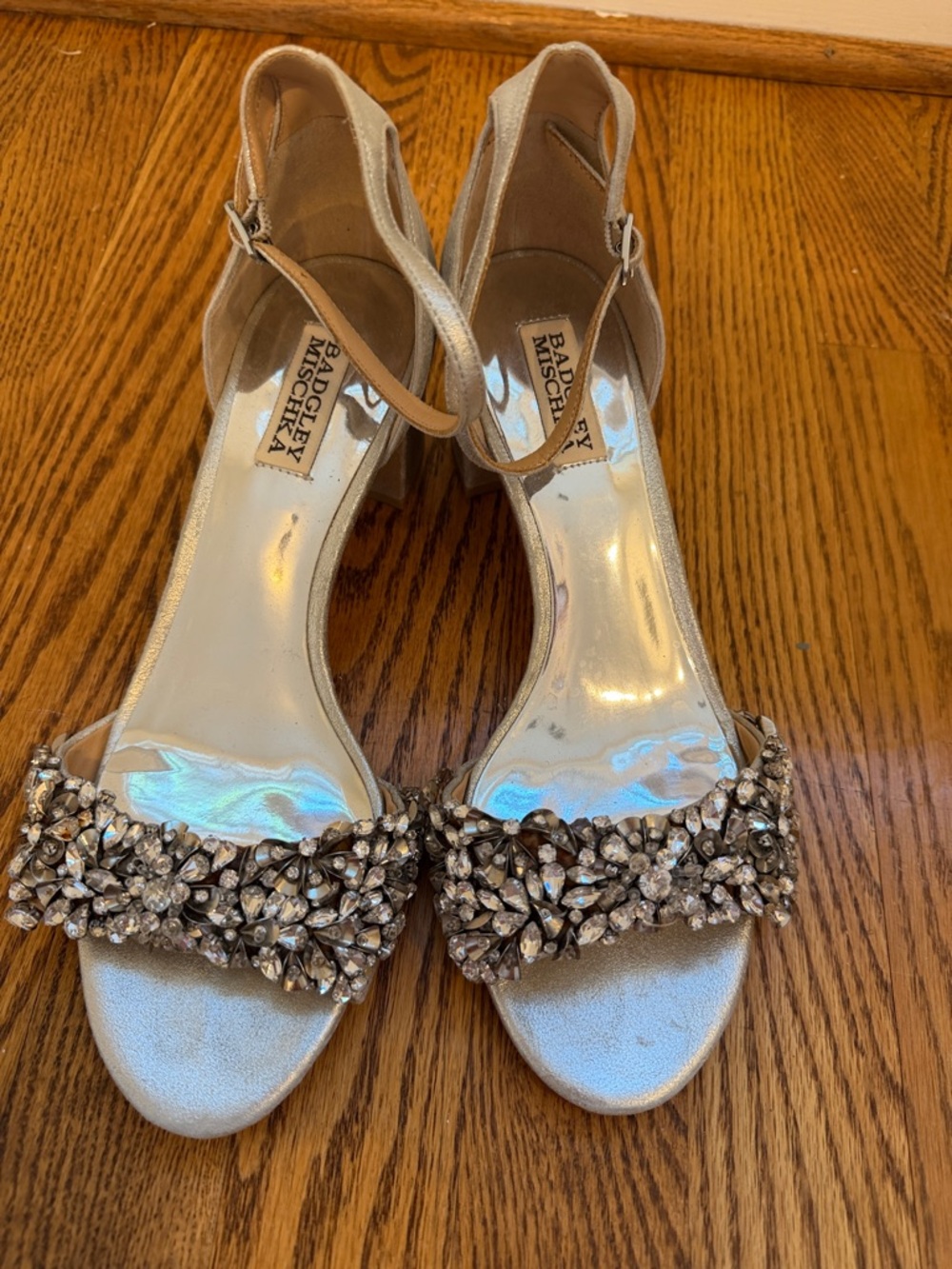 Badgley Mischka Silver Crystal-Embellished Ankle-Strap Heels